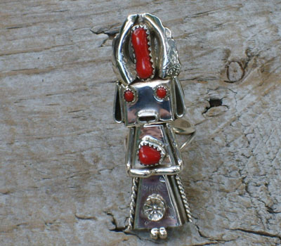 Ring Coral and Sterling Silver American Indian Kachina